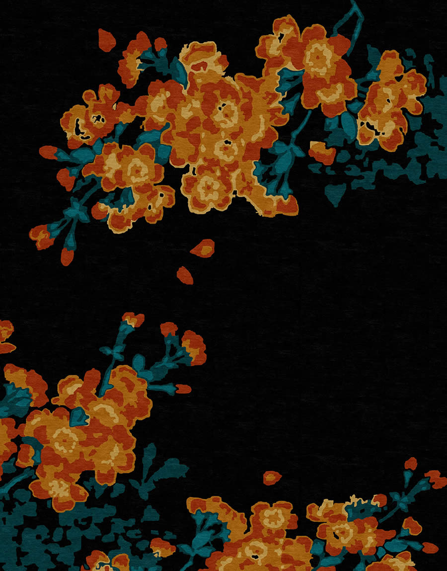 新中式黑底橘色花朵图案地毯贴图