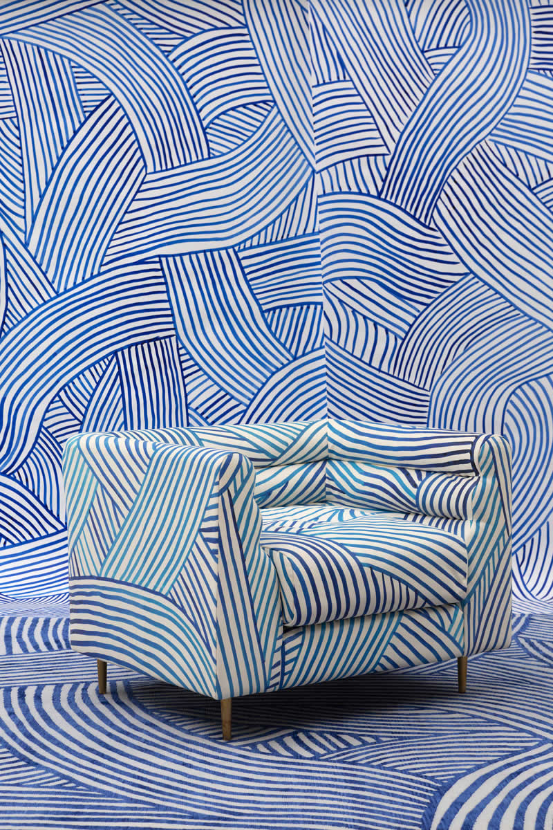 现代简约克莱因蓝色不规则线条图案地毯贴图