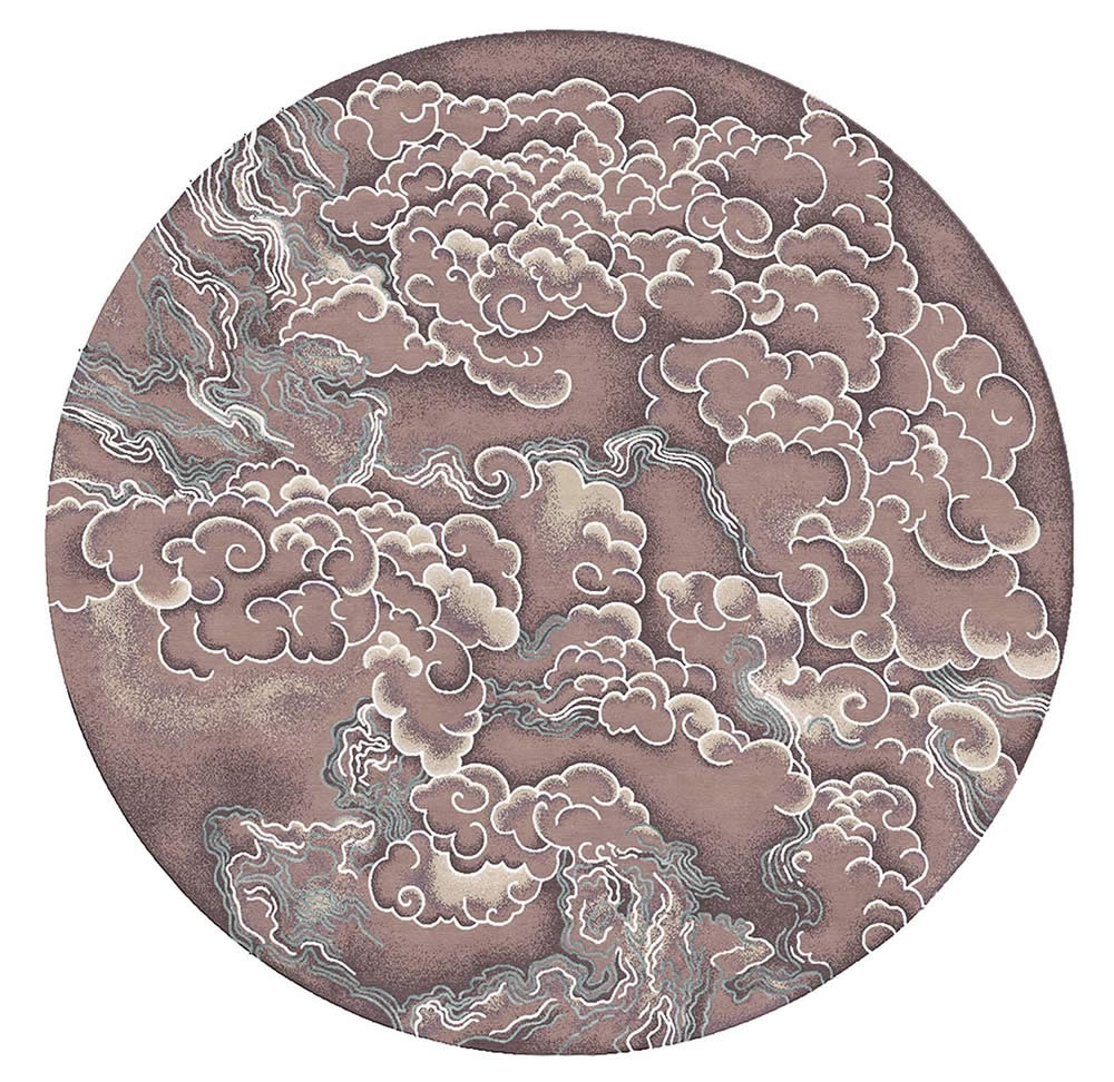 新中式咖灰色祥云图案圆形地毯贴图